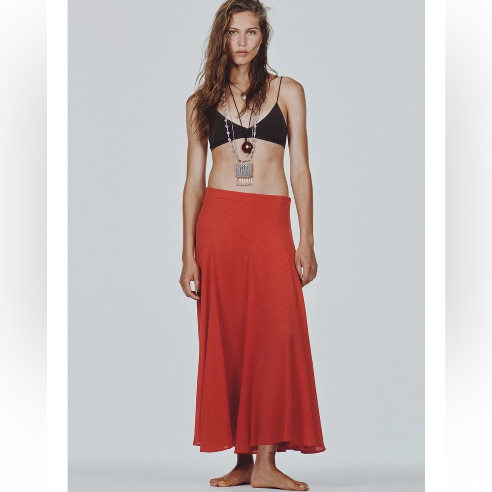 Zara NWT flared long skirt coral/red 4661/438